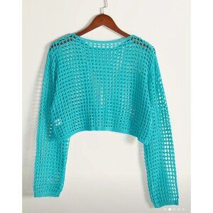 Womens Light Blue Crochet Knit Semi-Sheer Long Sleeve Top L